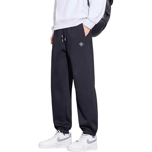 协协乐 高街风纯色拼接氛围感卫裤秋冬季美式潮牌宽松哈伦九分束脚裤青少年弹力抽绳痞帅百搭运动长裤休闲裤 男款