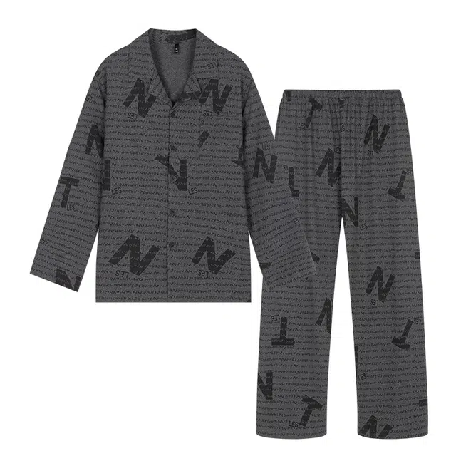 宫蝶 长袖爽肤棉家居服字母满印宽松休闲大码开衫可外穿睡衣套装 男款