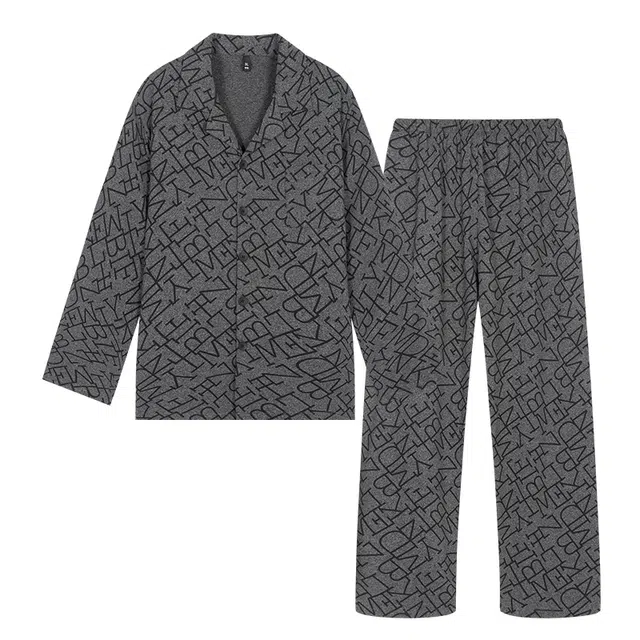 宫蝶 爽肤棉长袖开衫字母满印家居服大码可外穿睡衣套装 男款