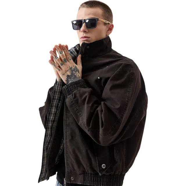 逆腾 秋季复古立领工装外套男潮牌宽松男士痞帅短款纯棉机车夹克 男女同款