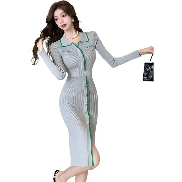 纤丝鸟 小香风针织名媛气质修身打底裙子长袖连衣裙 女款