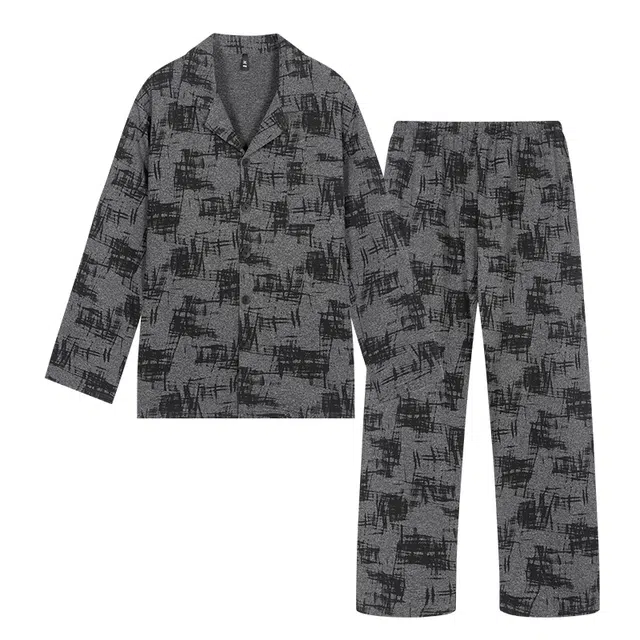 宫蝶 长袖爽肤棉满印家居服宽松复古开衫大码可外穿睡衣套装 男款