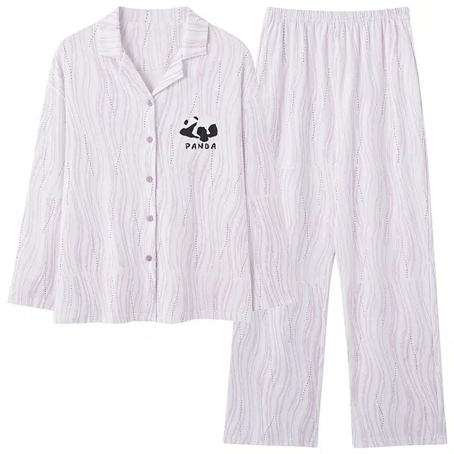 俏霓桐 时尚波浪纹可爱卡通翻领开衫纯棉亲肤长袖长裤家居服可外穿睡衣套装 女款