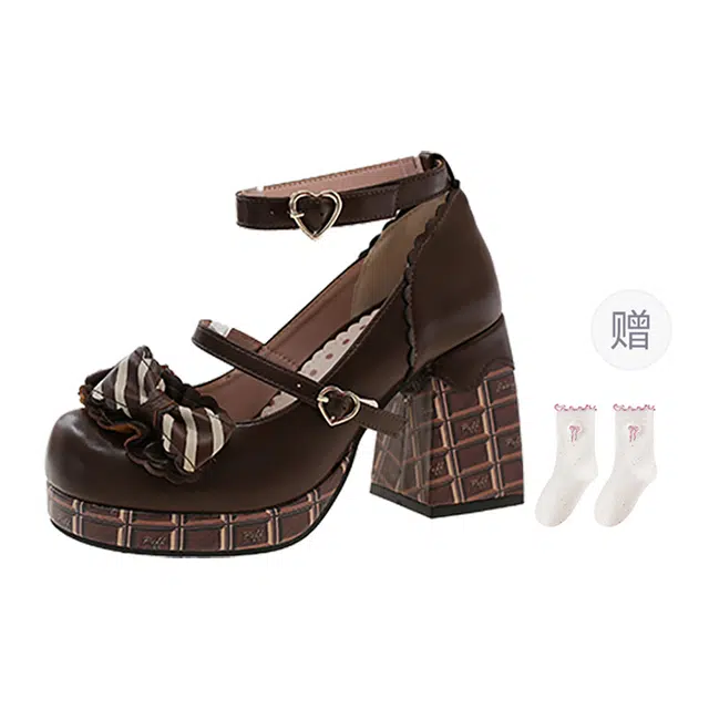 乐乐鱼 蝴蝶结巧克力甜美少女 粗跟 玛丽珍鞋 女