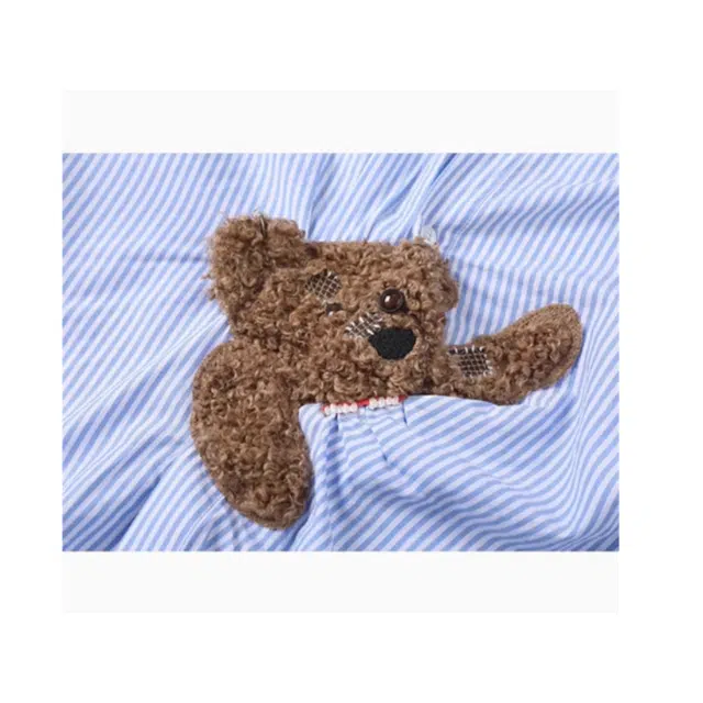 地界二 小熊玩偶拼接蓝色条纹春秋宽松不规则衬衫 男款