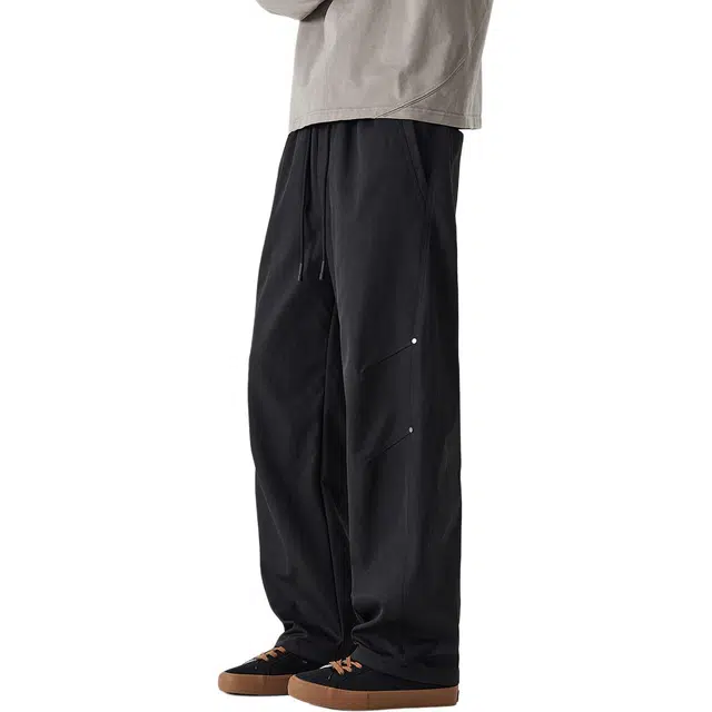 协协乐 高街机能风纯色拼接氛围感春秋季美式潮牌宽松阔腿垂坠感拖地裤青少年弹力抽绳痞帅休闲长裤工装裤 男款