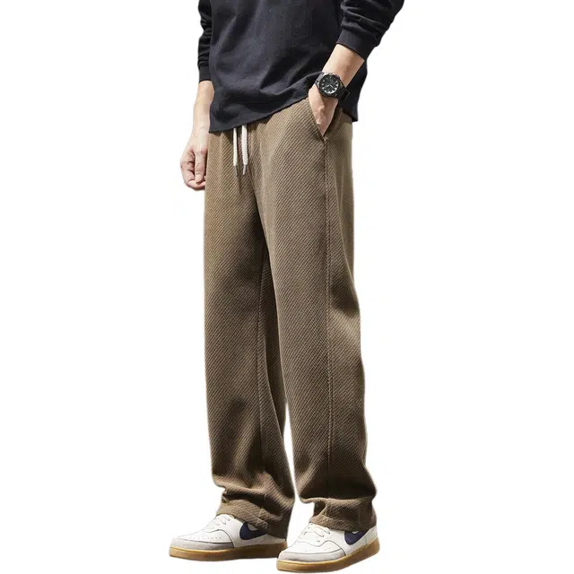 潮人榜 美式复古肌理纹针织卫裤男款秋冬宽松直筒长裤阔腿垂感运动休闲裤 男女同款
