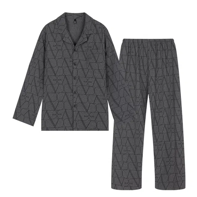 宫蝶 爽肤棉长袖休闲家居服字母满印大码开衫可外穿宽松睡衣套装 男款