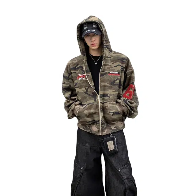 虫小绿 美式街头重磅迷彩开衫刺绣设计连帽卫衣春秋季复古空降特种兵拉链外套上衣宽松百搭潮流通勤情侣夹克 男女同款
