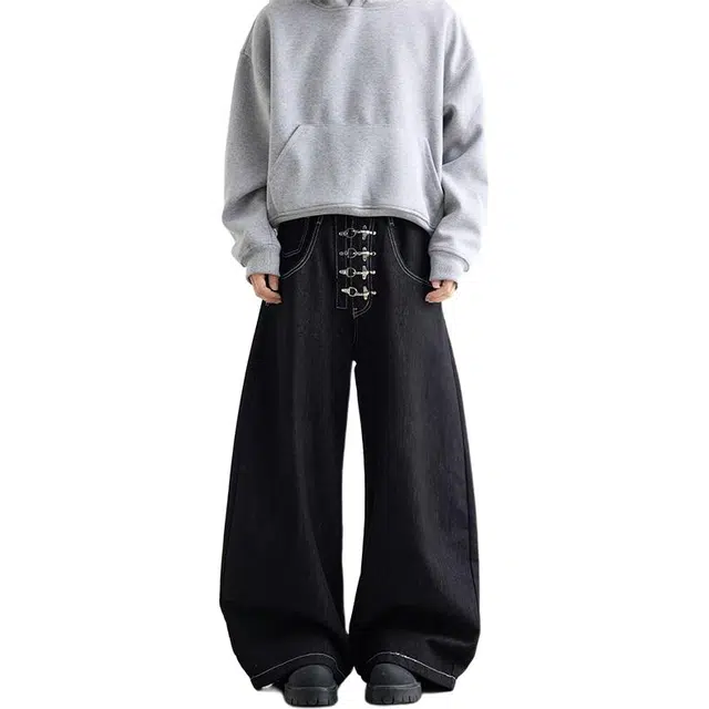 拓菲 美式复古飞机扣廓形男秋季宽松直筒设计感水洗弯刀阔腿长裤牛仔裤 男女同款