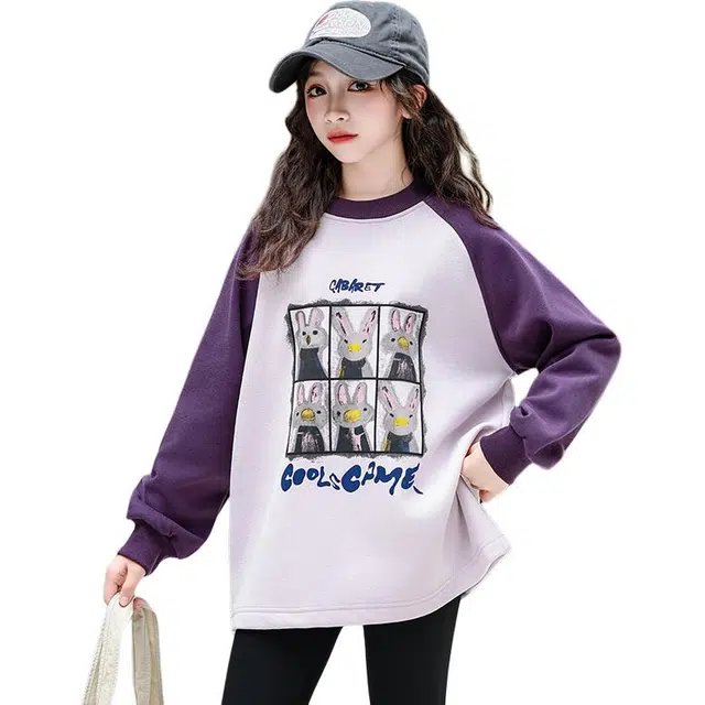 蓝彩何卫衣 女童加绒衣款兔子印花儿童秋冬季一体绒圆领打底衫女大童上衣