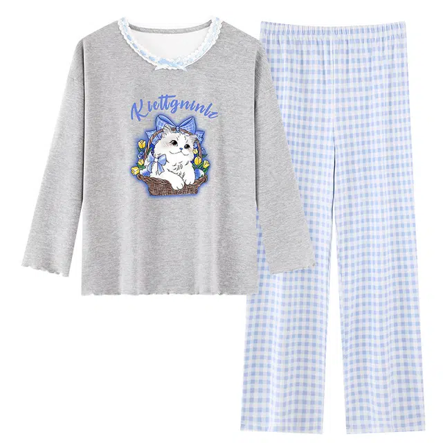 莫代尔 休闲简约保暖舒适圆领套头时尚气质长袖长裤家居服可外穿睡衣套装 女款