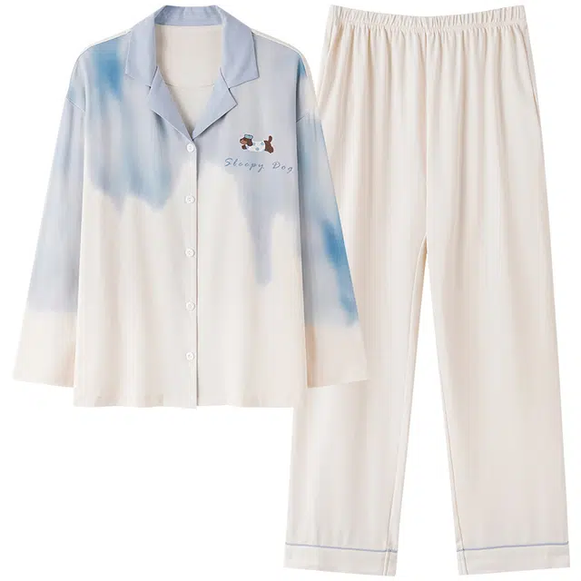 俏霓桐 简约晕染甜美休闲翻领开衫纯棉亲肤长袖长裤家居服可外穿睡衣套装 女款