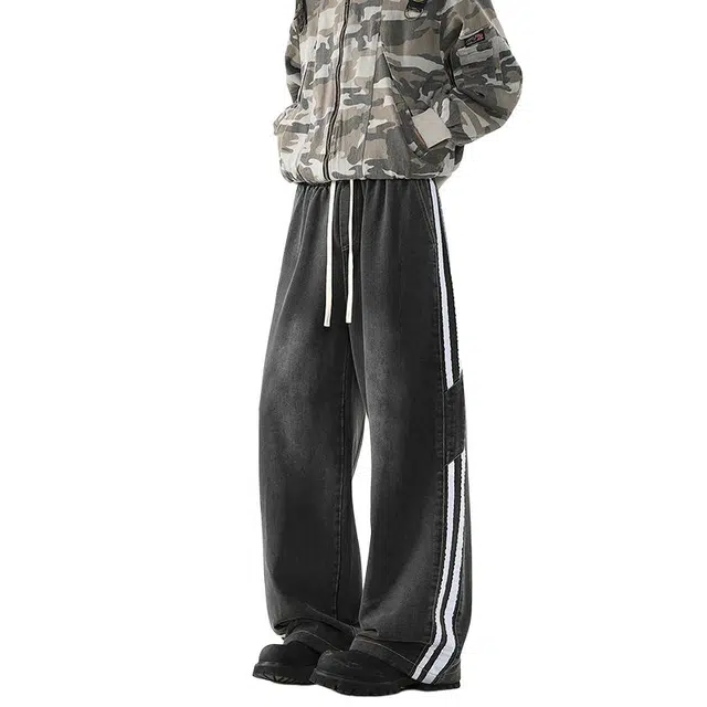 海尔斯 水洗做旧直筒宽松系带百搭牛仔裤 男款