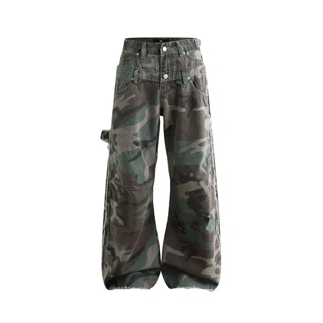 欧路得 设计感双裤腰迷彩裤男秋美式宽松做旧高街百搭痞帅个性裤子牛仔裤 男款