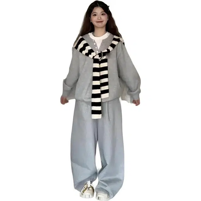 轻迎 韩版学院风假两件卫衣条纹披肩宽松阔腿裤休闲套装 女款