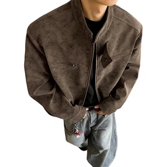 单爵 美拉德复古立领皮衣外套男秋美式正肩高街痞帅夹克 男女同款