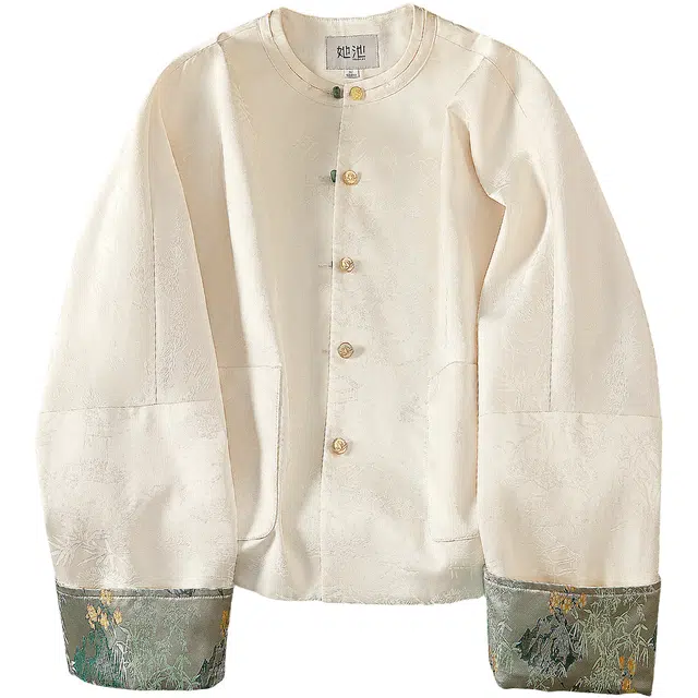 她池 新中式国风圆领单排扣撞色拼接长袖截短外套 女款 香槟米色