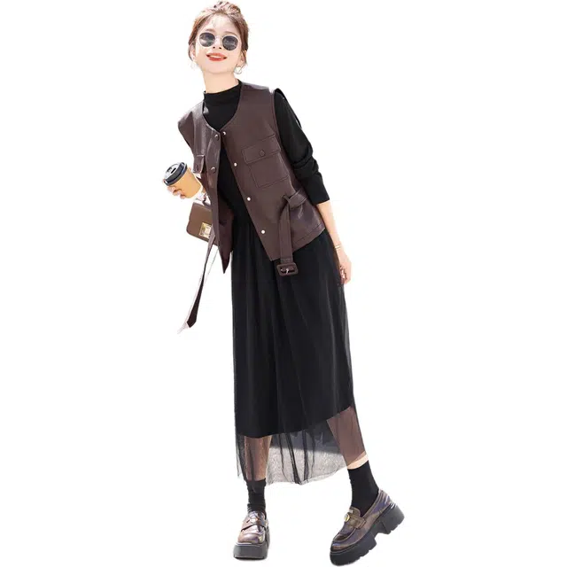 袋鼠 皮衣马甲连衣裙两件套气质穿搭高级感纱裙高定通勤裙装套装 女款