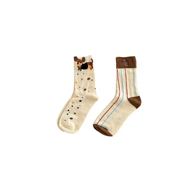 米囹 少女可爱腊肠小狗女中筒袜春秋纯棉日系卡通个性堆堆长袜袜子套装 女款