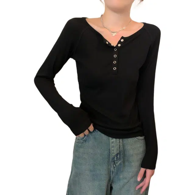 思蓓儿 秋季韩版气质修身半开领纽扣纯棉插肩长袖打底女上衣针织衫 女款