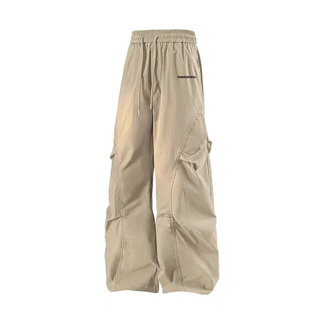欧迪芬 显高显瘦 学院风高街基础款纯色字母印花褶皱设计宽松休闲垂感直筒山系机能风降落伞兵简约运动户外系带裤百搭工装裤 女款