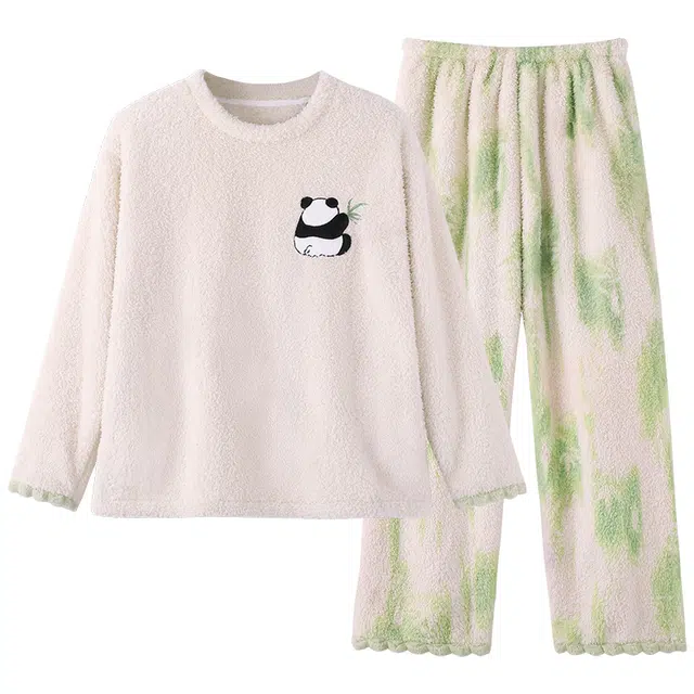顶瓜瓜 珊瑚绒保暖加绒加厚甜美卡通熊猫可爱圆领套头长袖长裤休闲家居服睡衣套装 女款