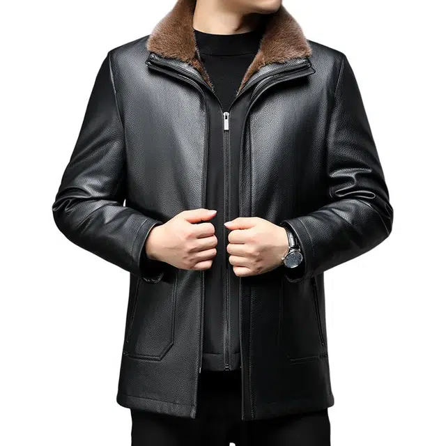 太子龍 爸爸装海宁皮毛一体保暖防寒外套皮衣 男款