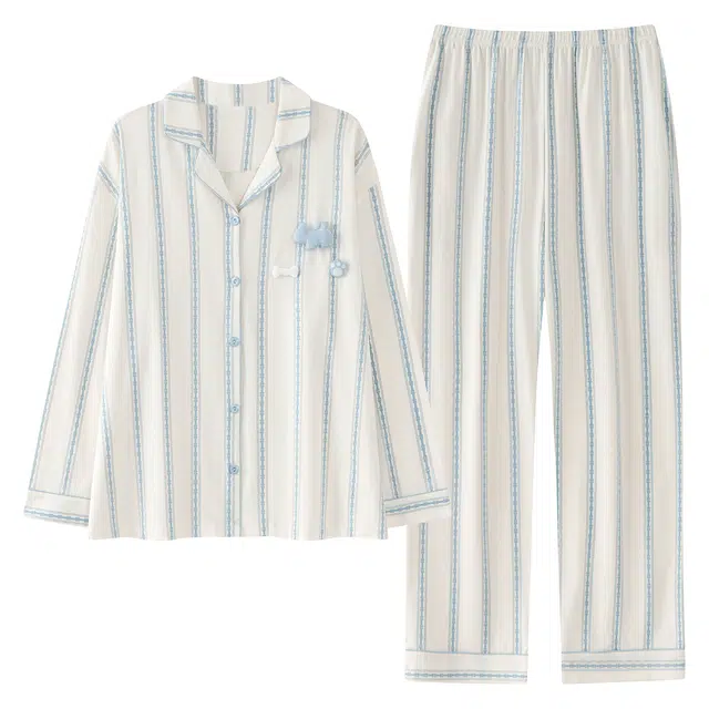 俏霓桐 甜美可爱条纹卡通简约翻领休闲舒适长袖长裤家居服可外穿睡衣套装 女款