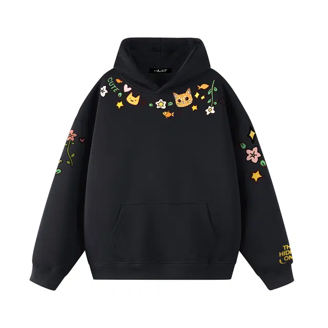 一人之下 “重磅华棉”美式高街复古多巴胺手绘趣味卡通小猫花卉图案印花设计高级感通勤百搭舒适柔软情侣套头长袖连帽卫衣 男女同款