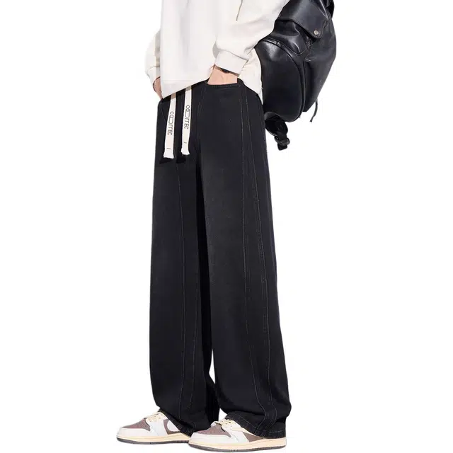 协协乐 高街风拼接氛围感战术裤秋冬季美式复古潮牌宽松直筒垂坠感阔腿拖地裤青少年百搭弹力抽绳休闲长裤工装裤 男款
