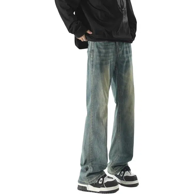 华夏儿女 微喇经典美式高街复古弯刀裤 废土风纯色做旧水洗 中腰显瘦显高 垂感宽松舒适百搭柳叶工装裤牛仔裤 男款