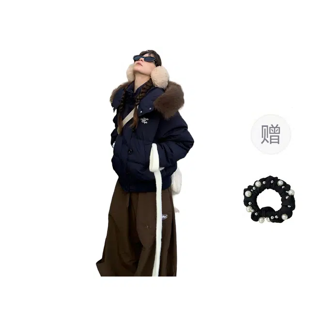 雾闪闪 合身连帽毛领长袖棉服 女款