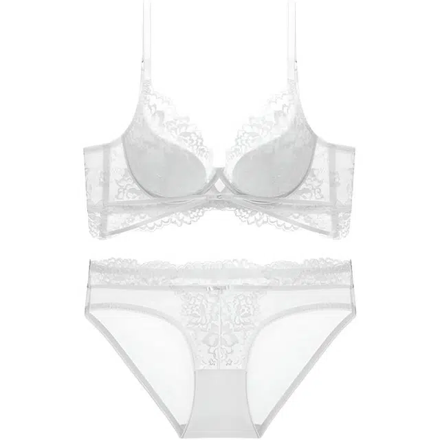 皇室品轩 法式蕾丝软钢圈文胸大胸显小性感聚拢薄款防下垂内衣裤套装 女款
