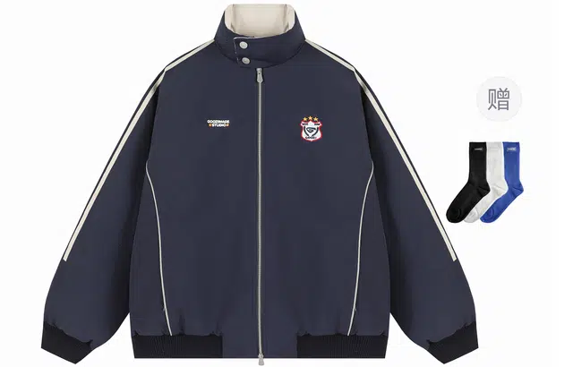 港仔文艺男 撞色拼接反光条纹经典三条杠立领小立扣字母徽章刺绣设计加厚保暖锁温防寒插肩上衣休闲百搭宽松潮流舒适棉服外套 男女同款