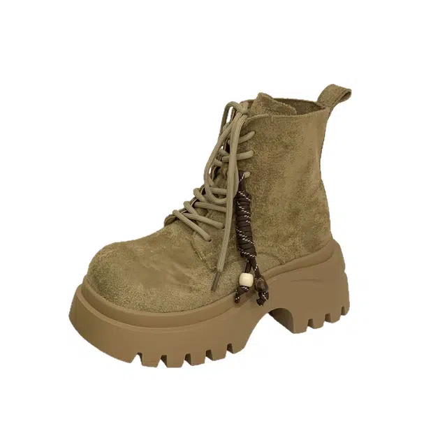 拾伍象 合成革 时尚休闲百搭设计感系带款粗跟中筒靴 中筒 磨砂马丁靴 女