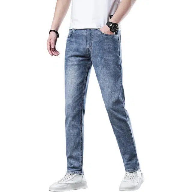 潮人榜 秋冬季韩版高端潮牌百搭中腰显高直筒厚款柔软舒适日常通勤商务弹力修身休闲牛仔裤 男女同款