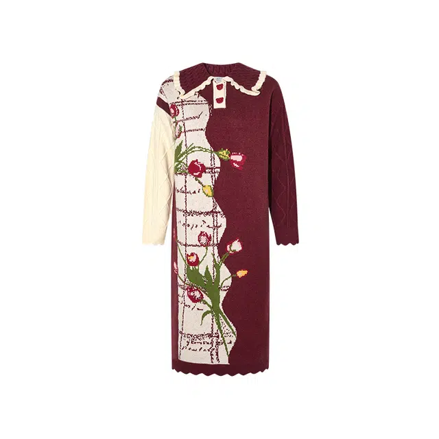 两三事 半晓花事冬季复古文艺优雅时尚森女风设计宽松休闲舒撞色编织针织裙长袖连衣裙 女款