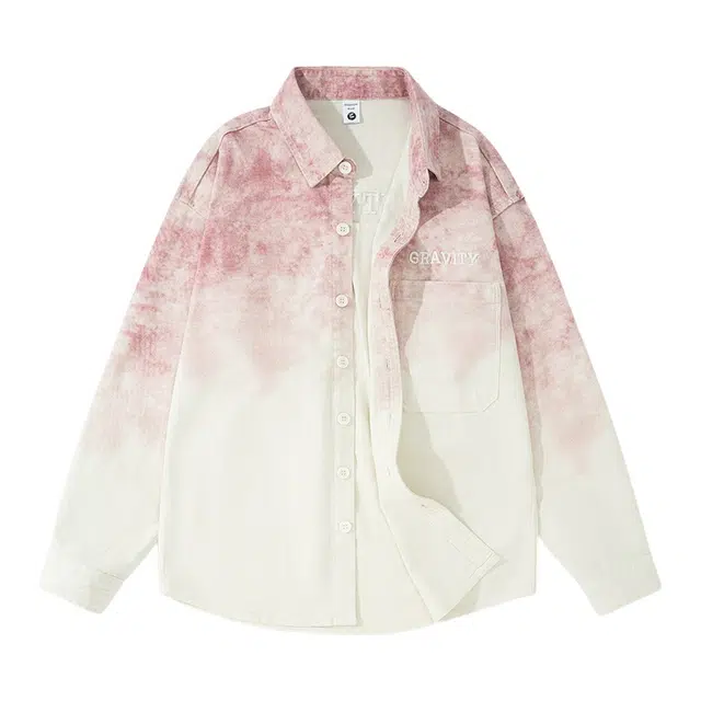 加荣 美式潮牌设计感渐层刺绣高级感衬衫男痞帅炸街衬衣男时尚潮流外套男装小众长袖外衣男款通勤百搭水洗工装男士上衣 男女同款