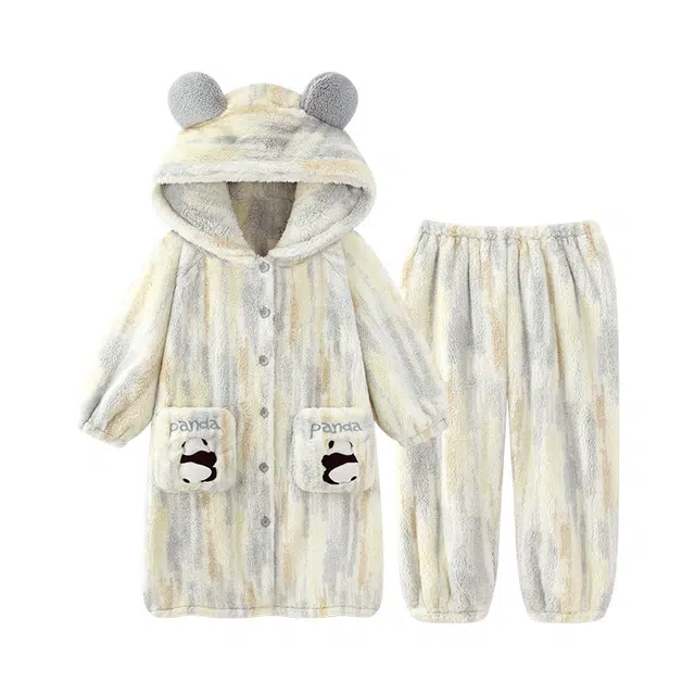 顶瓜瓜 珊瑚绒保暖加绒加厚长袖长裤连帽纯色条纹熊猫家居服冬季睡衣套装 女款
