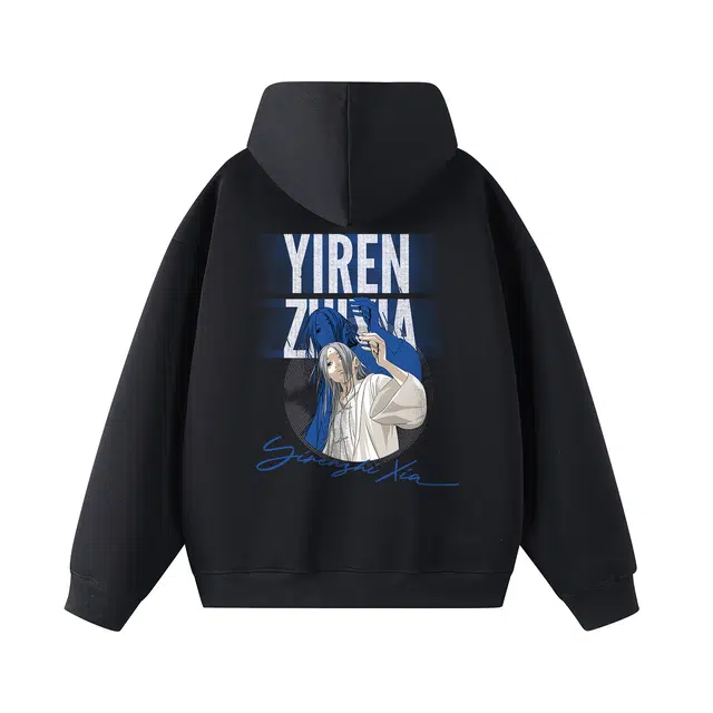 一人之下 官方漫画风张灵玉人物剪影艺术签字体字母印花宽松舒适潮流时尚日常通勤休闲春秋款落肩长袖连帽卫衣 男女同款