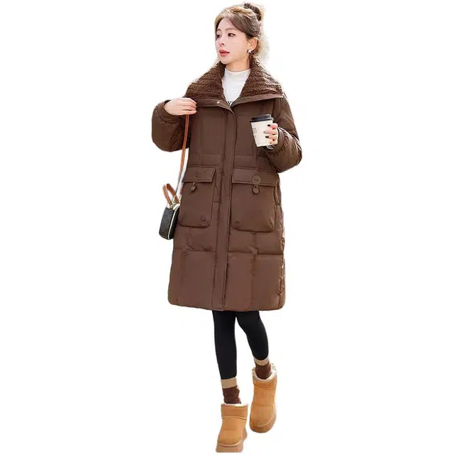 敲模女孩 复古大码棉衣中长款时尚显瘦翻领棉袄洋气外套加厚棉服 女款