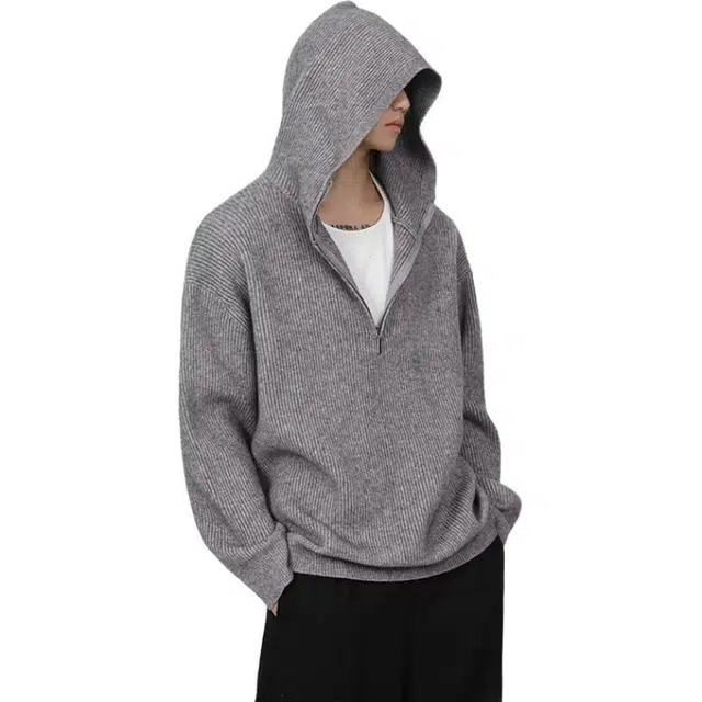 一碗士多 纯色条纹美式复古百搭小众极简痞帅高街拉链半开襟宽松舒适通勤户外日常连帽长袖针织衫 男女同款