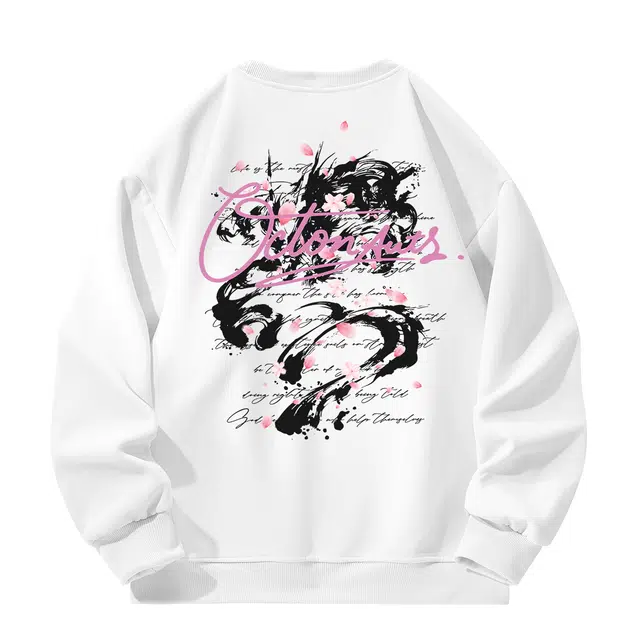 海底小纵队 重磅美式高街祥龙飘落花瓣彩色字母印花长袖多巴胺色系氛围慵懒学院风时尚宽松版型舒适透气套头圆领百搭卫衣 男女同款