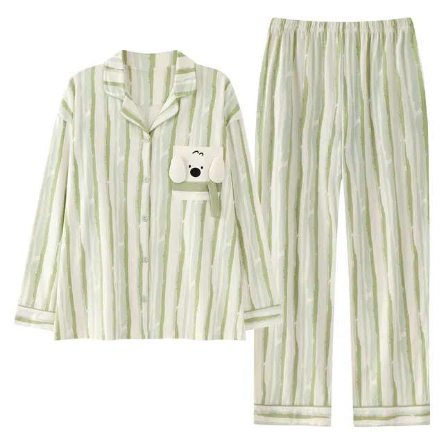 俏霓桐 可爱卡通简约条纹清新甜美翻领休闲长袖长裤家居服可外穿睡衣套装 女款