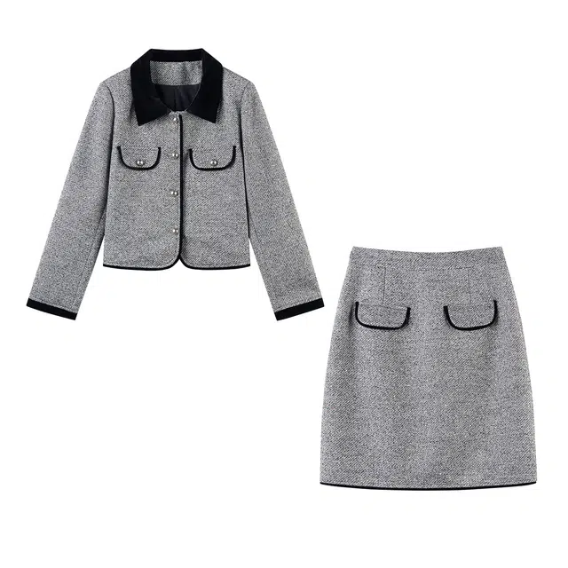 袋鼠 小香风两件套时尚气质名媛高级感外套半身裙裙装套装 女款