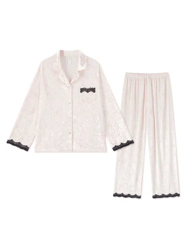 秀黛 金丝绒长袖薄绒冬季冬天高级感蕾丝家居服睡衣套装 女款