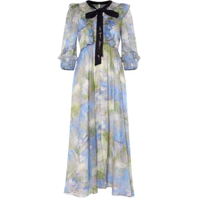 两三事 沉醉入梦 法式复古文艺优雅气质甜美清新法式度假风宽松修身显瘦荷叶领撞色绑带印花短袖连衣裙 女款