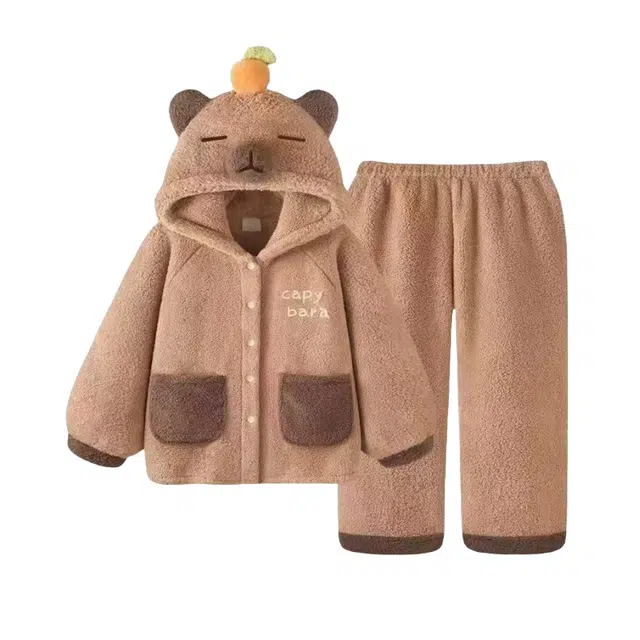 米囹 长毛绒小熊带帽子冬季甜美卡通可爱家居服两件套睡衣套装 女款