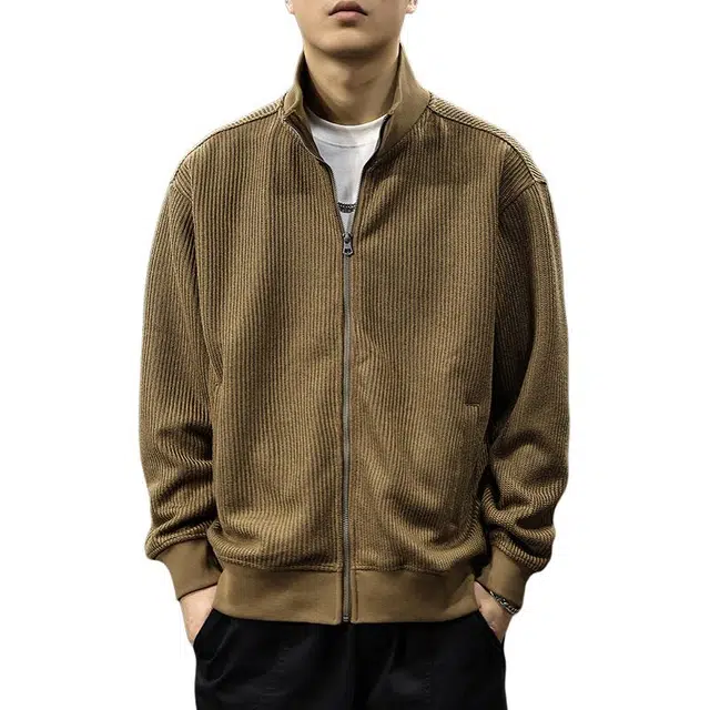 前进牛 秋季美式经典复古立领极简风外套休闲户外百搭开衫麦穗纹理针织衫 男款